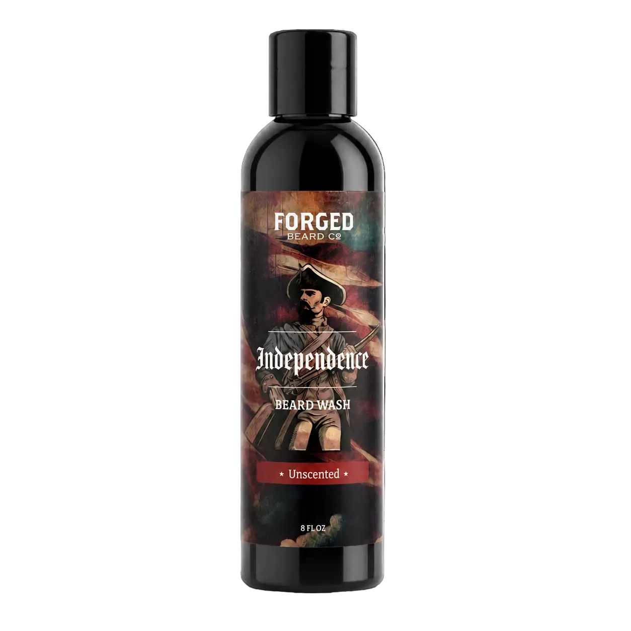 A 8 fl oz bottle of Forged Beard Co. Independence Beard Wash, Unscented, featuring a black bottle with a detailed patriot-themed label 