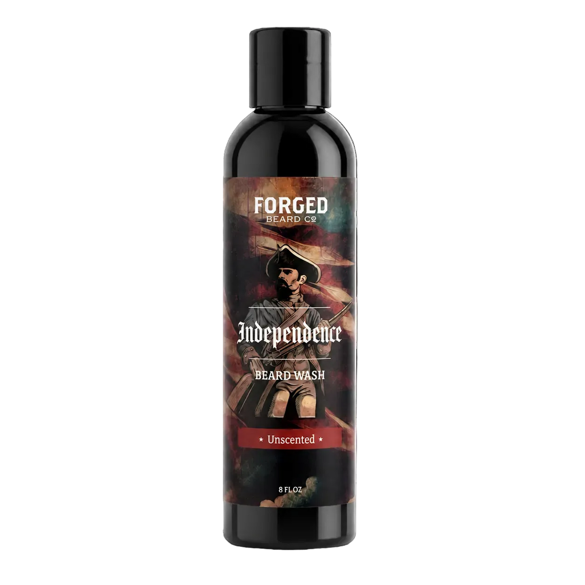 A 8 fl oz bottle of Forged Beard Co. Independence Beard Wash, Unscented, featuring a black bottle with a detailed patriot-themed label 