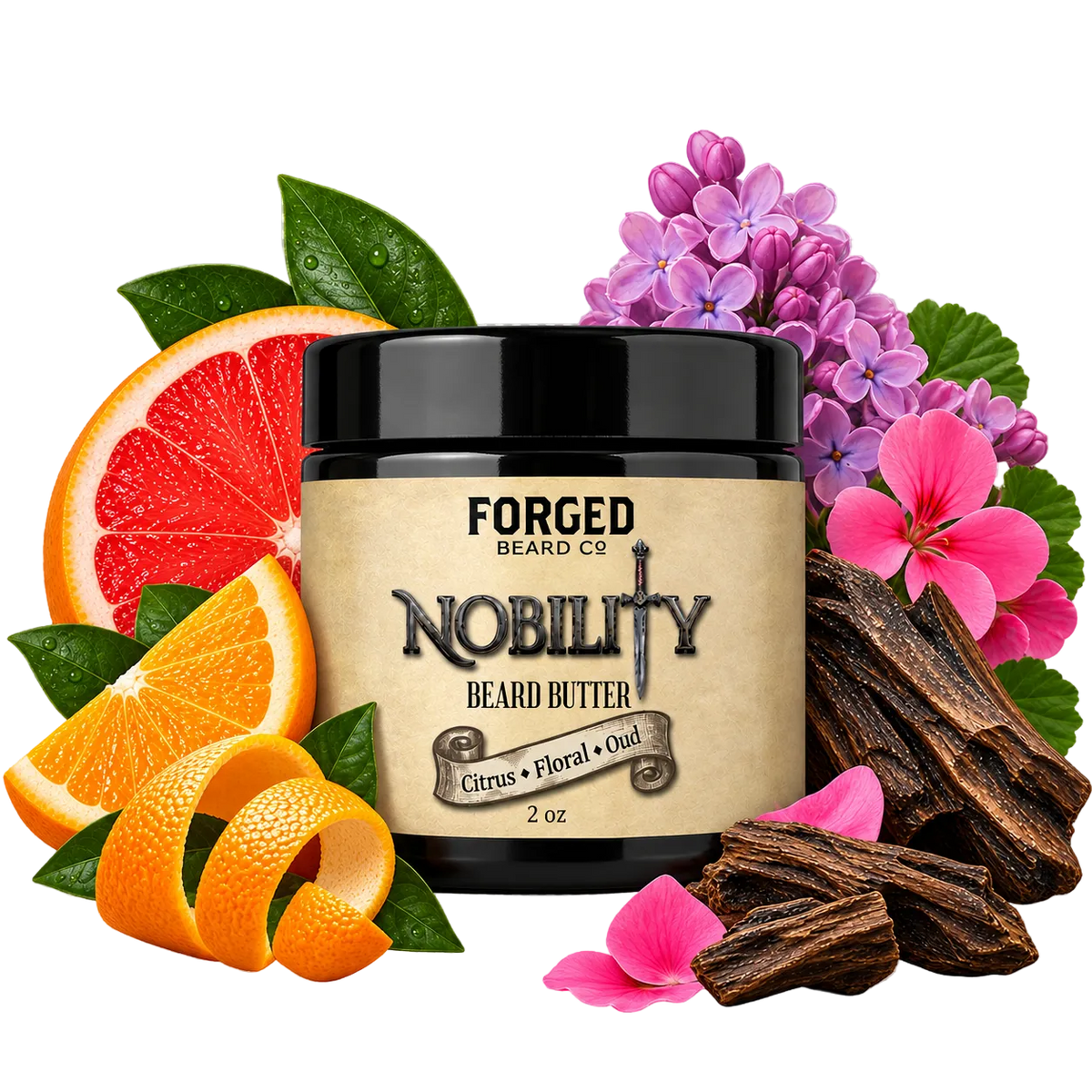 A jar of Forged Beard Co. Nobility Beard Butter centered on a transparent checkered background, surrounded by citrus slices, flowers, leaves, and bark pieces as flavor/ingredient cues.