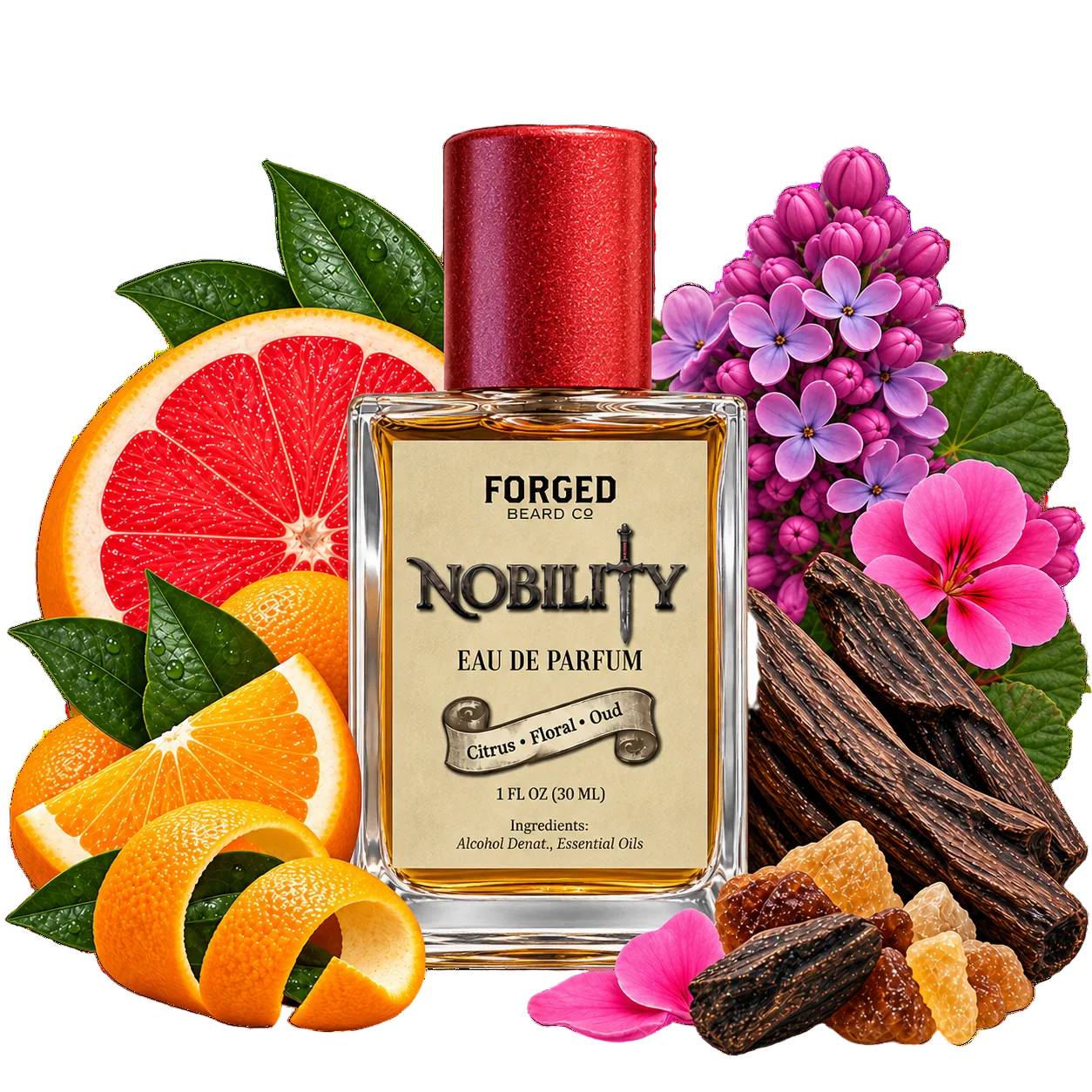 A bottle of Nobility Eau De Parfum byForged Beard Co. is centered, surrounded by citrus slices, pink flowers, and dark brown vanilla pods on a clean white background.